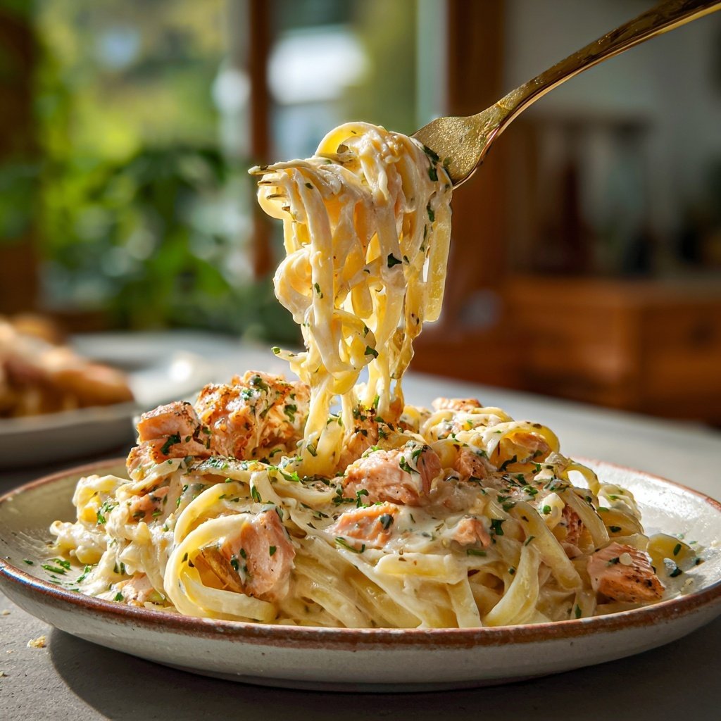 Classic Salmon Alfredo with Fettuccine